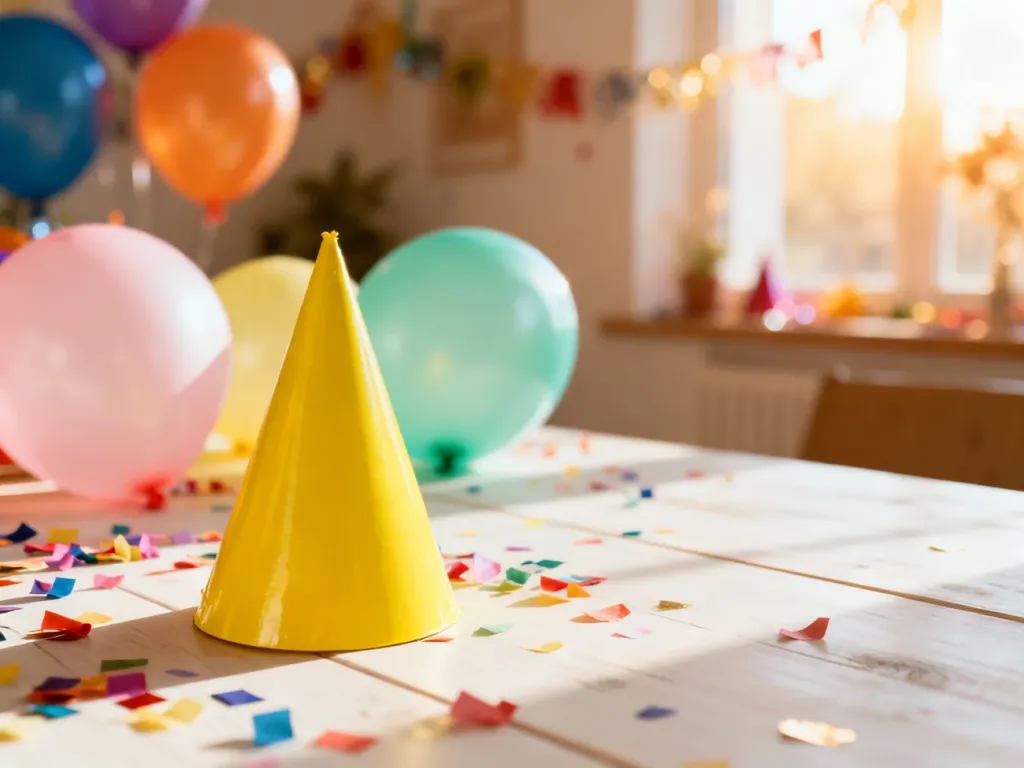 Kolorowe balony, konfetti i czapeczka urodzinowa na drewnianym stole, tworzące radosną atmosferę dziecięcego przyjęcia.
